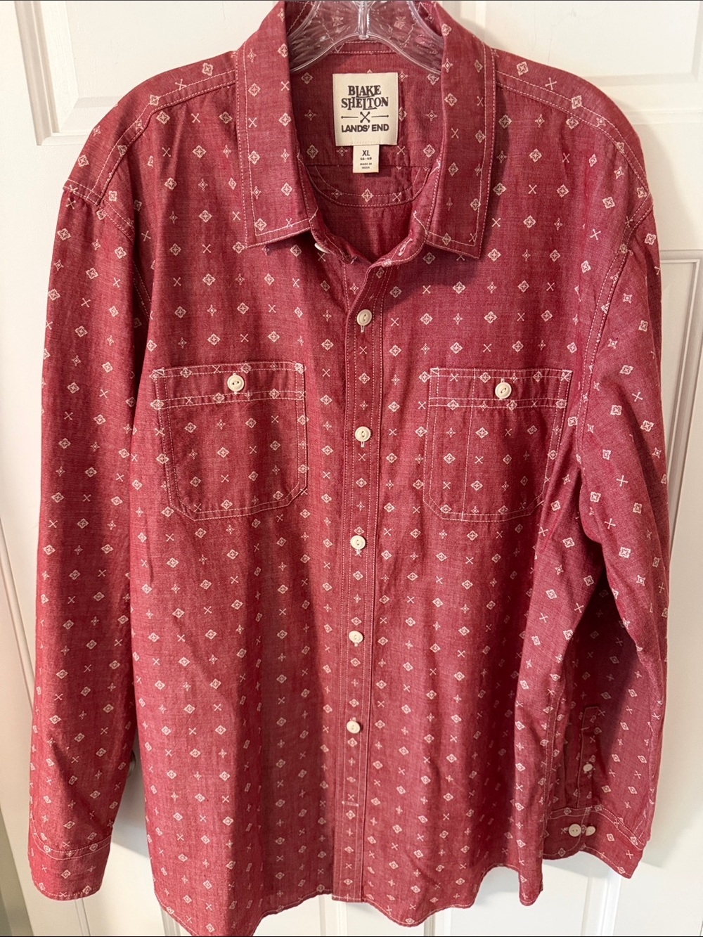 Blake Shelton x Lands' End Men's Geometric Casual Work Shirt - Red/Rust XL